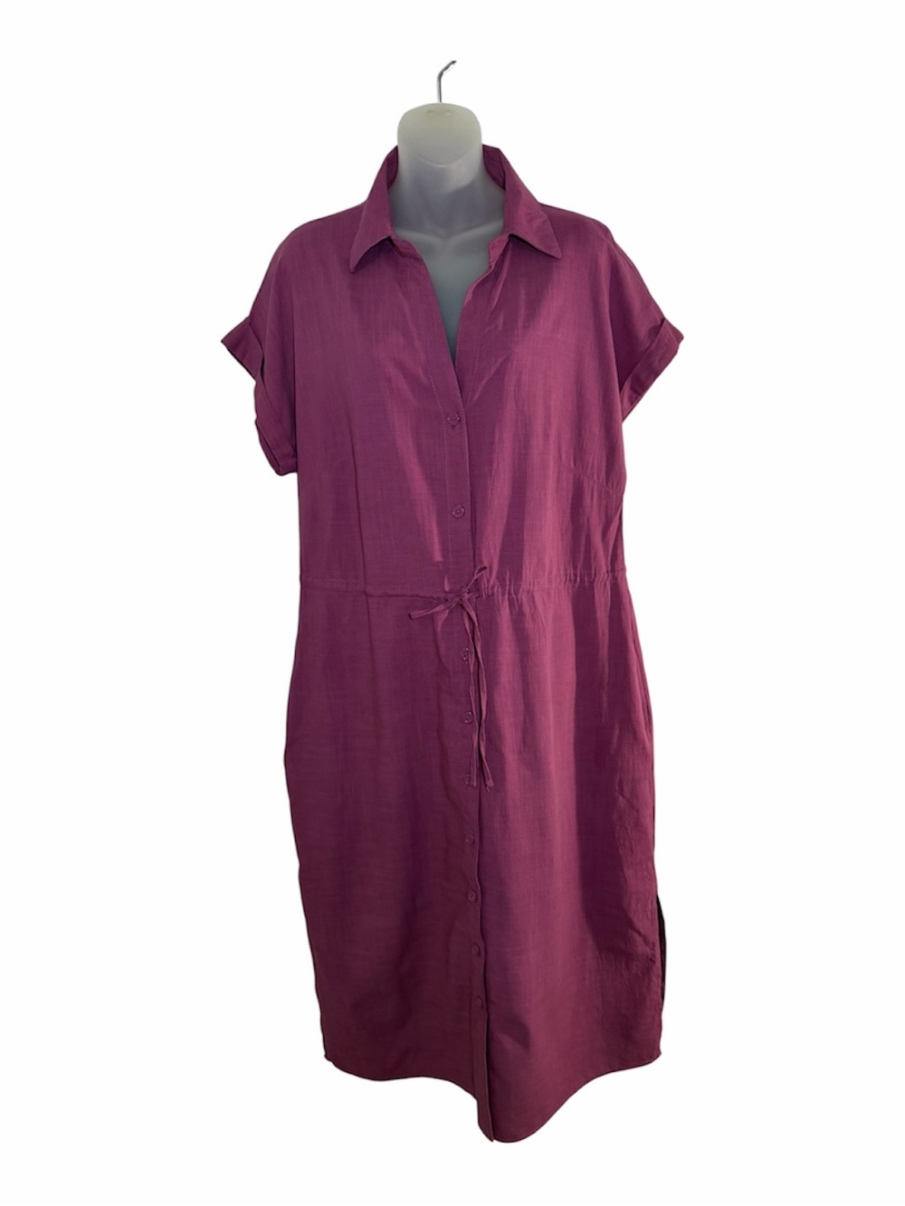 Jewel Badgley Mischka Magenta Shirt Dress L Cotton Button Tie Waist Pockets